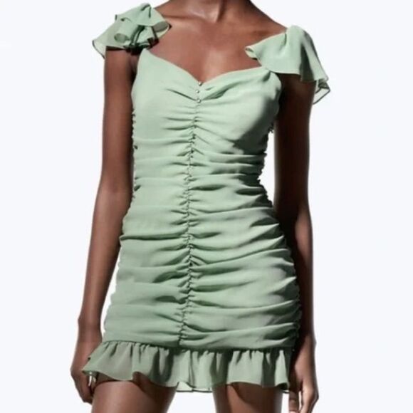 Zara Green Cottagecore Preppy Feminine Flowy Ruffled Fitted Summer Mini Dress M - Picture 1 of 13